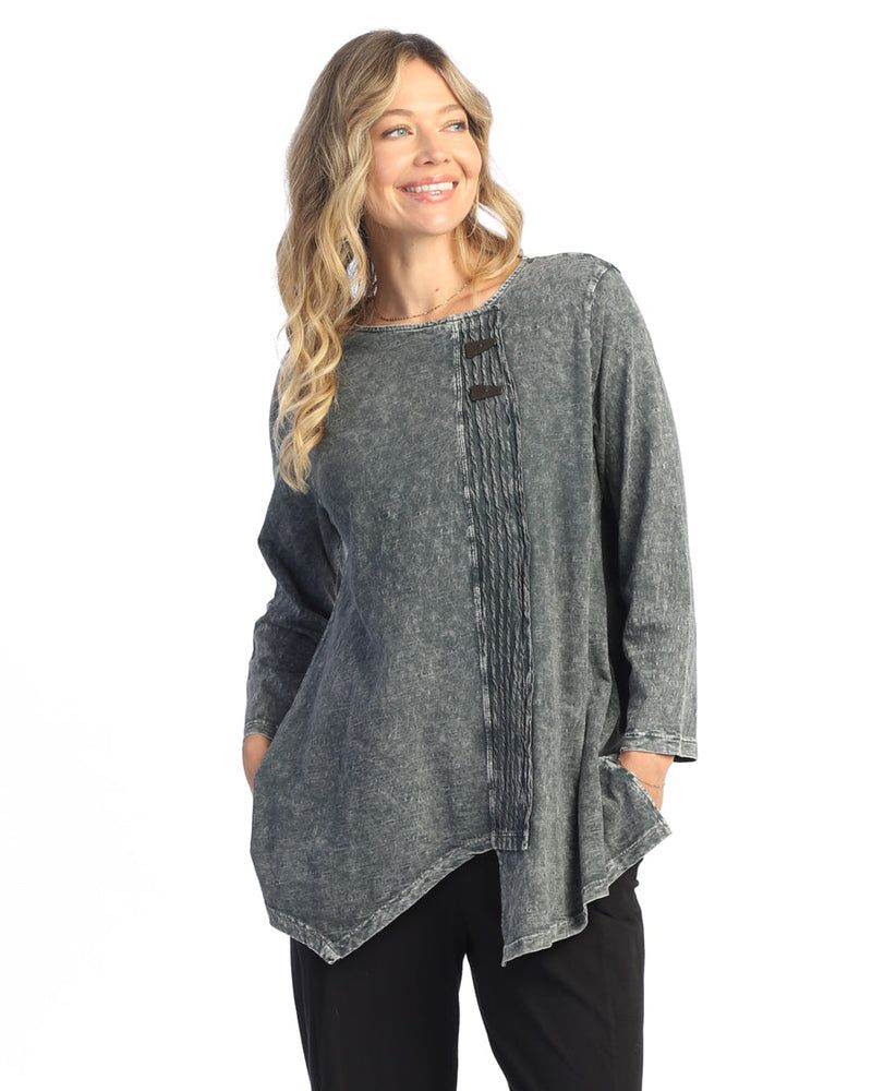 Mineral Washed Faux Wrap with Wavy Contrast Tunic Top