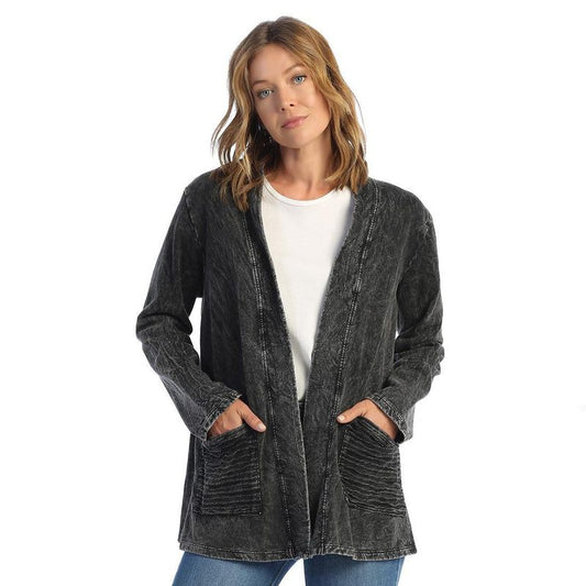 MINERAL WASHED OPEN CARDIGAN WITH CONTRAST PATCH POCKETS