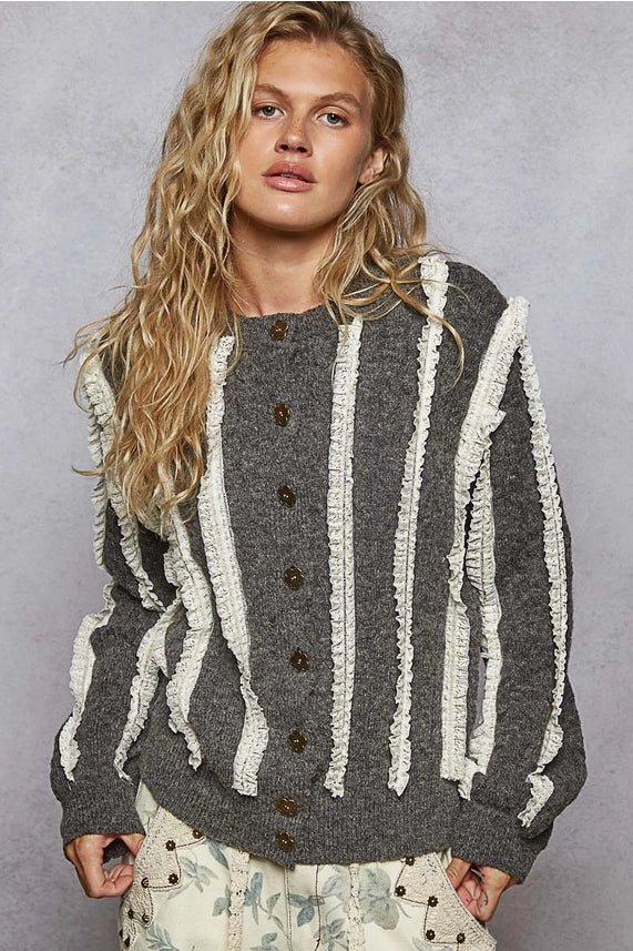 Lace Trim Detail Grey Sweater