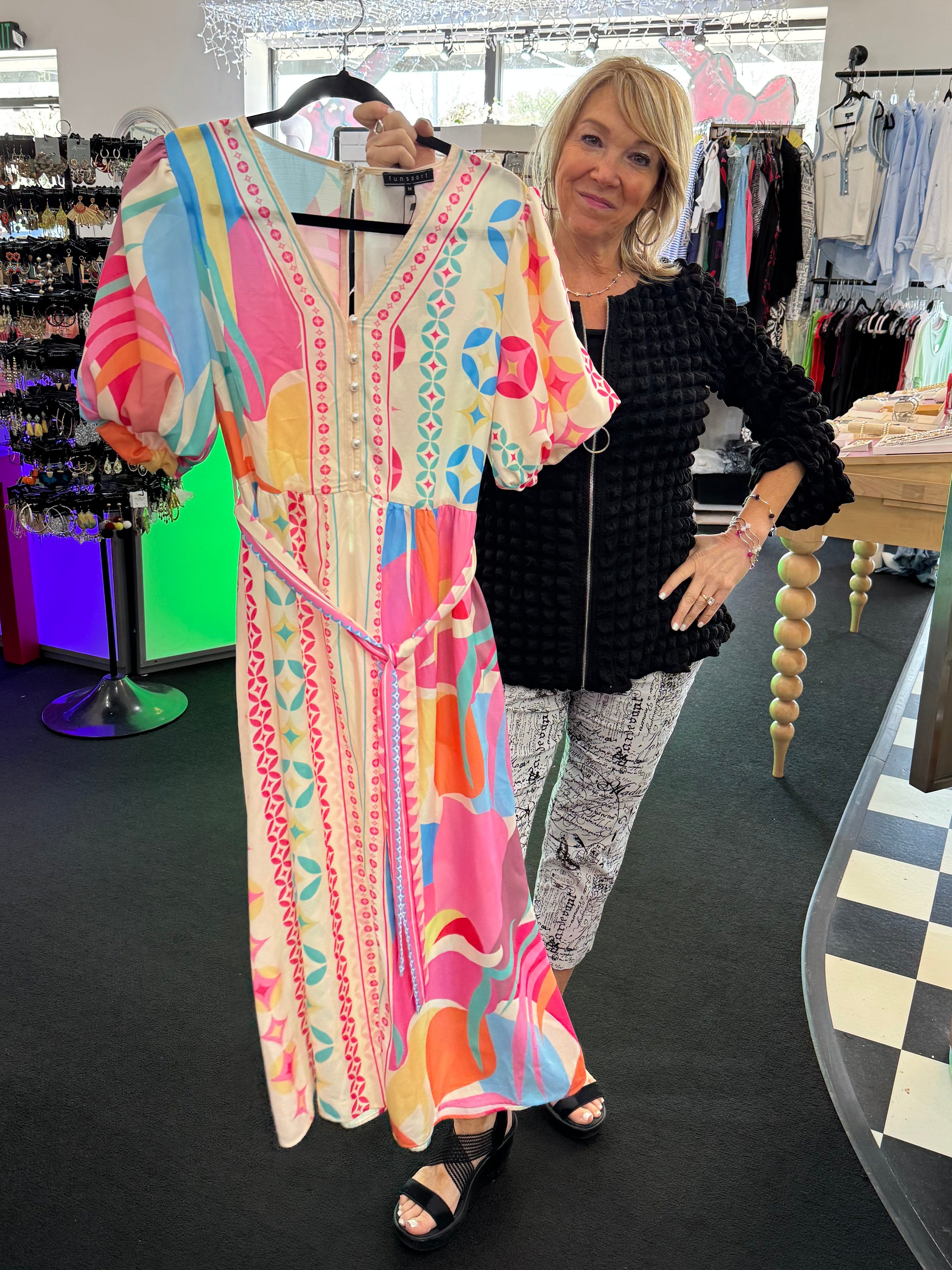 Colorful Shape Party Dress with Pearl Buttons