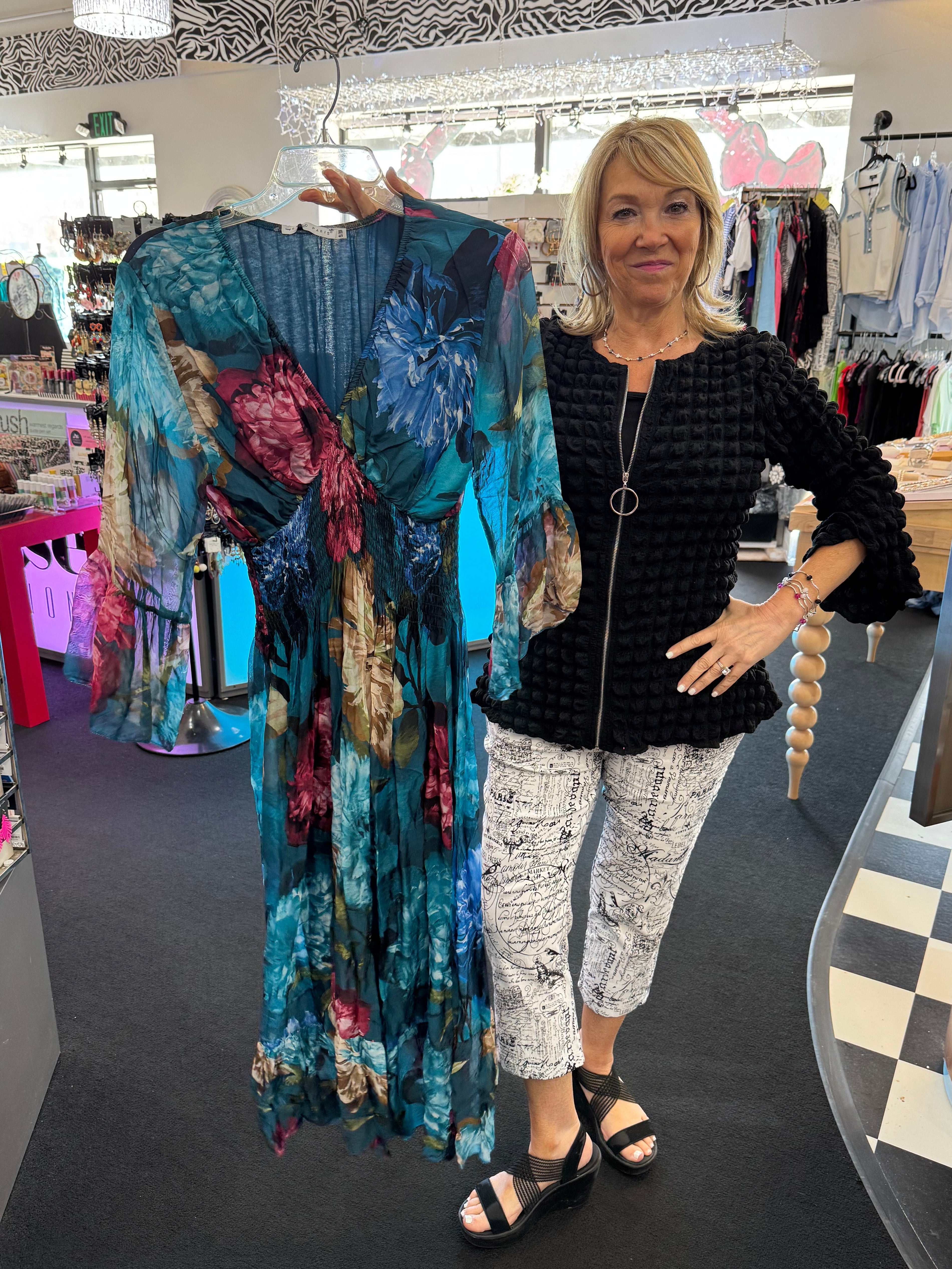 Teal Silky Floral Dress