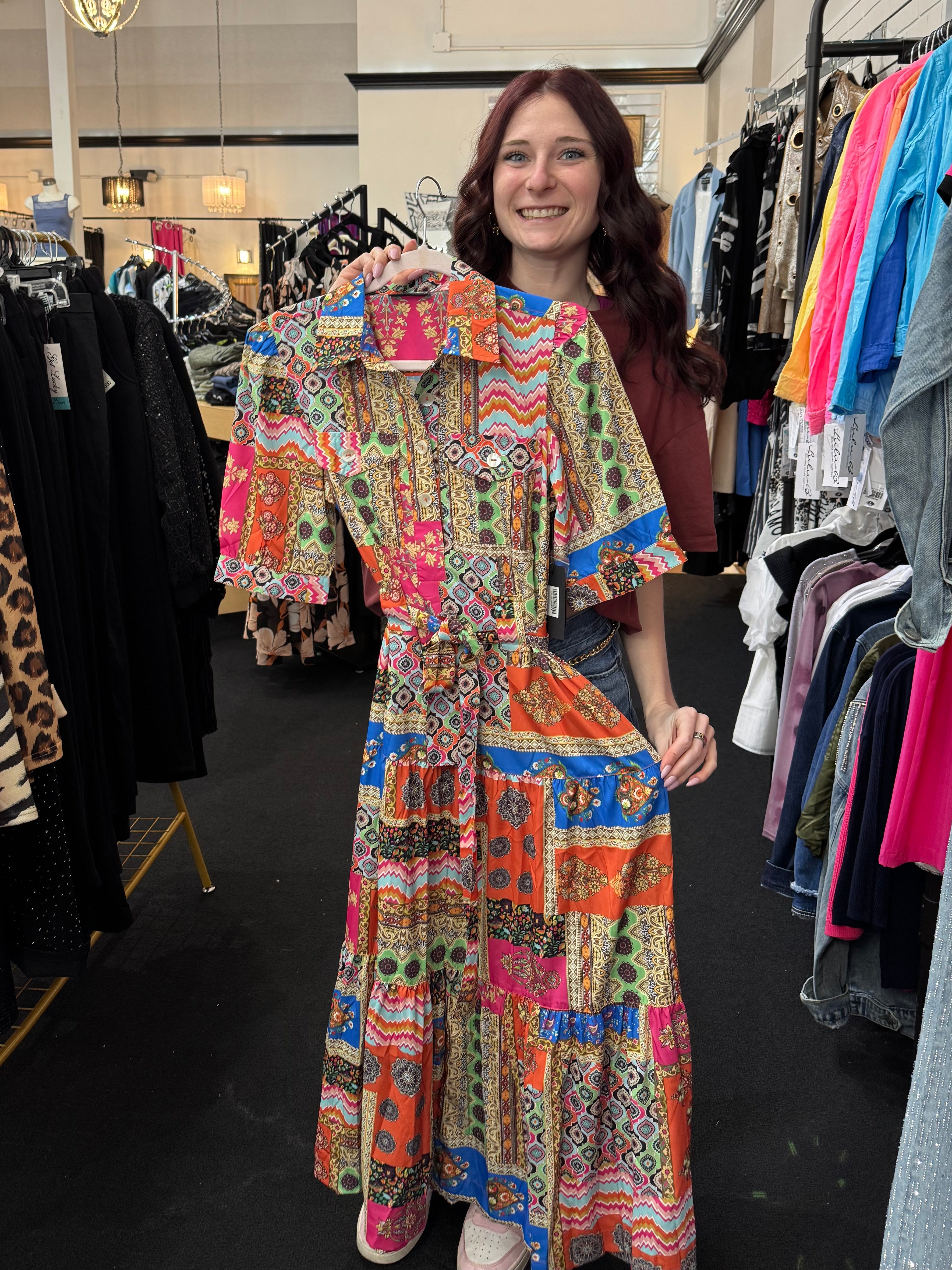 Hot Coral Multi Patterned Tie Dress