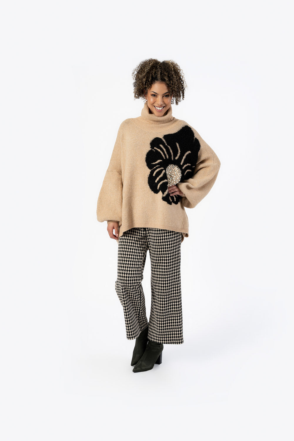 Caramel Floral Turtleneck Sweater