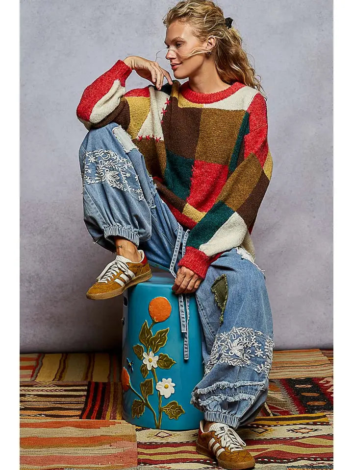 Multi Color Block Heart Stitch Sweater