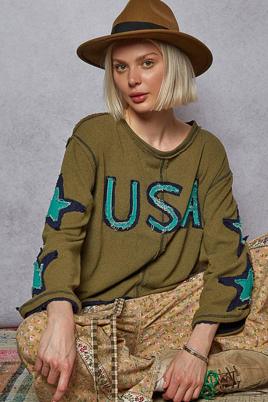 Round Neck Long Sleeve Olive USA Top