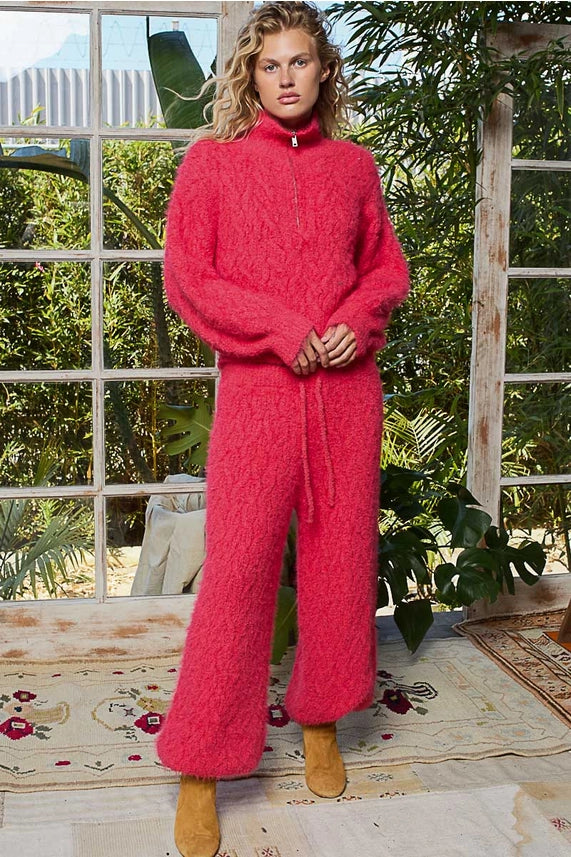 Pink Fuzzy Detailed Half Zip Sweater