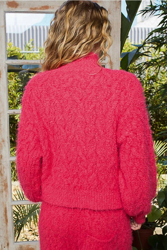 Pink Fuzzy Detailed Half Zip Sweater