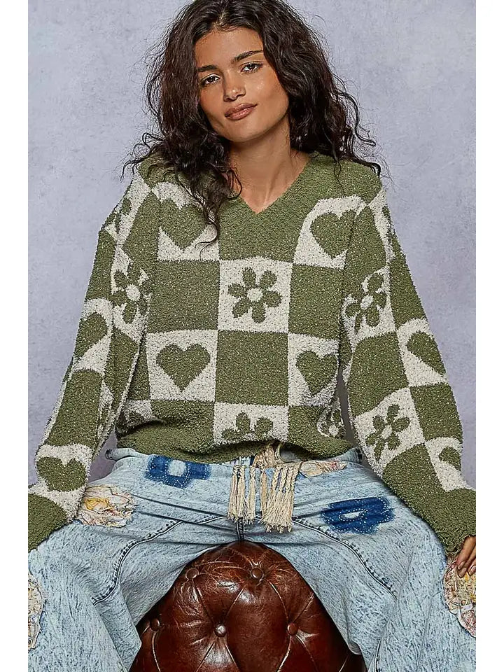 Green Checkered Flower Hearts Sweater