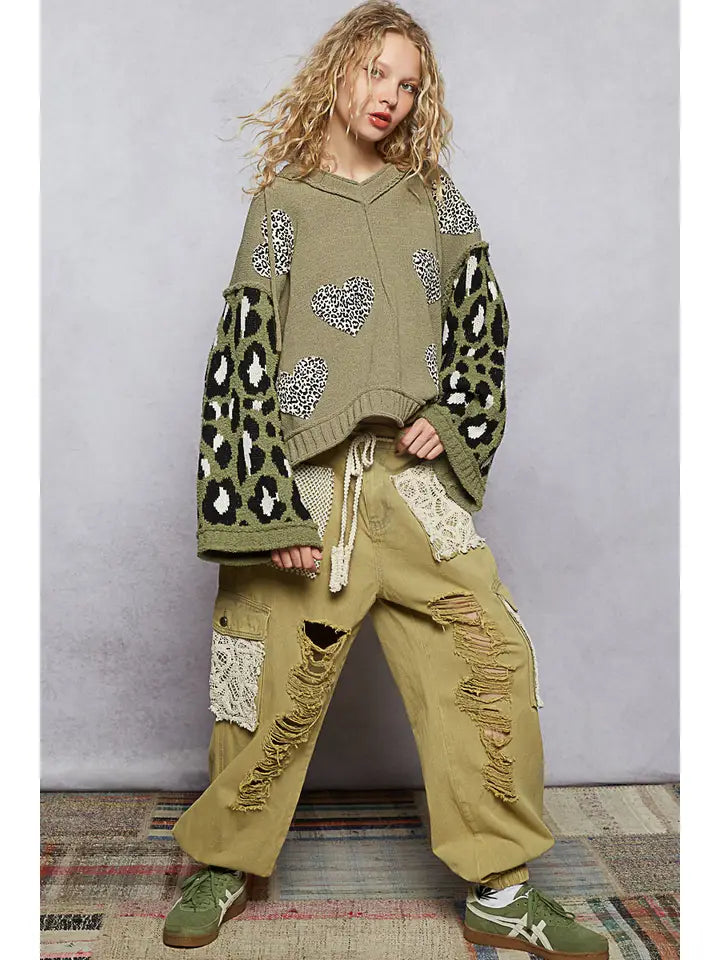 Green Wide Sleeve Leopard Heart Sweater