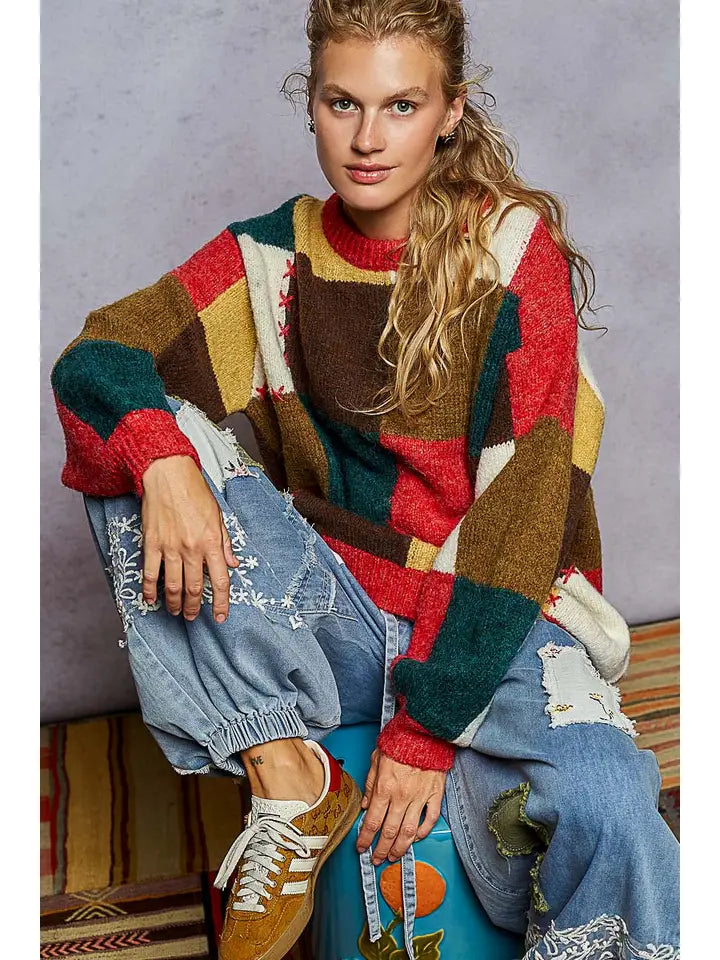 Multi Color Block Heart Stitch Sweater