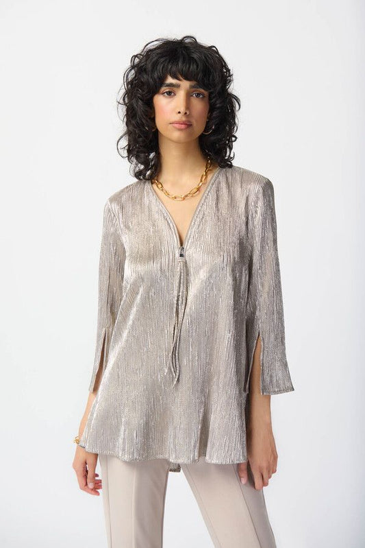 SHINY TEXTURE 3/4 ZIP FRONT BLOUSE